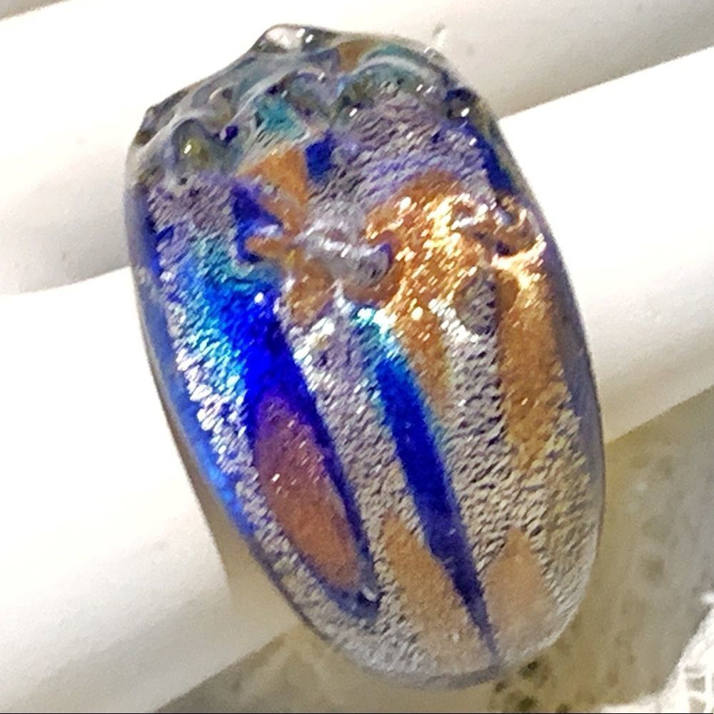 Blue silver gold Murano glass dome freeform ring NOS